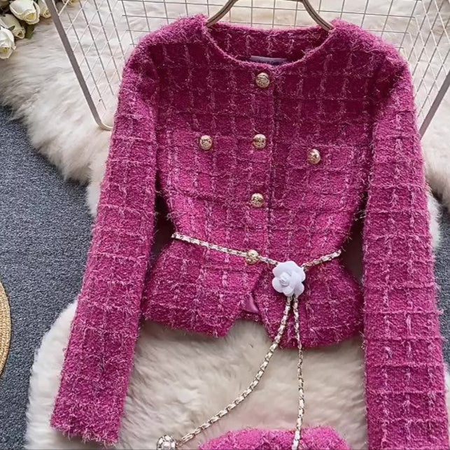 New Women's Winter Luxury Suit Long Sleeve Cardigan Coat Split Mid Length Skirt Female Two Pieces Skirt Set