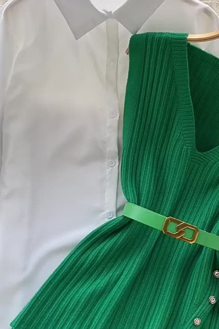 Two Piece Suit Green Sleeveless Knitted Vest White Long Sleeved Shirt Top Autumn Woman