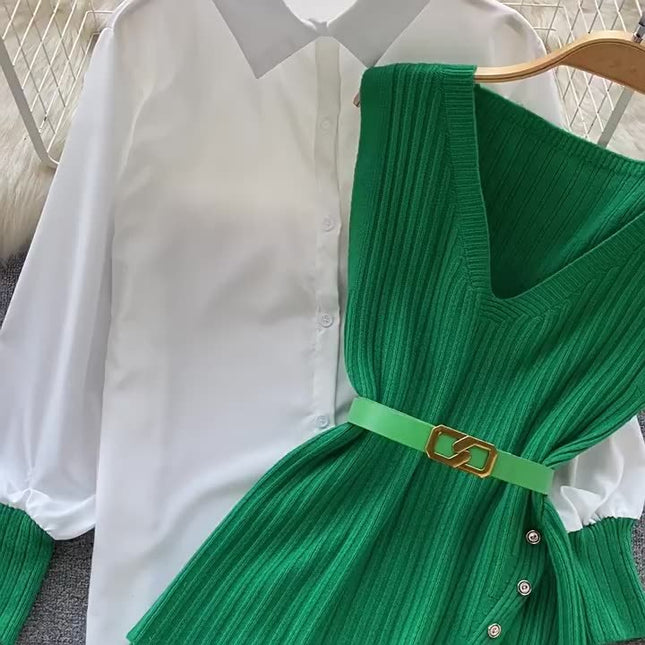 Two Piece Suit Green Sleeveless Knitted Vest White Long Sleeved Shirt Top Autumn Woman
