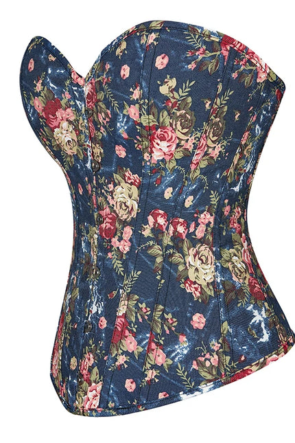 Floral Embroidered Corsette 14 Bone Support Lace Bandage Bustier Corset Top with 6 Brooches