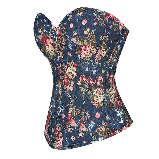 Floral Embroidered Corsette 14 Bone Support Lace Bandage Bustier Corset Top with 6 Brooches