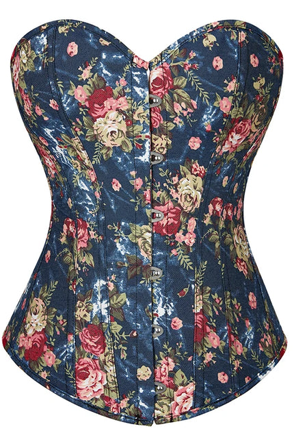 Floral Embroidered Corsette 14 Bone Support Lace Bandage Bustier Corset Top with 6 Brooches