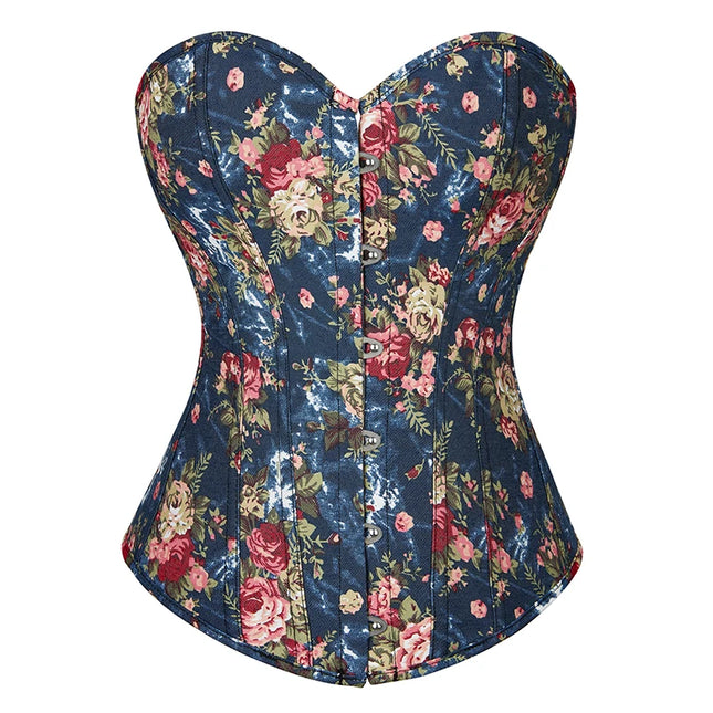 Floral Embroidered Corsette 14 Bone Support Lace Bandage Bustier Corset Top with 6 Brooches