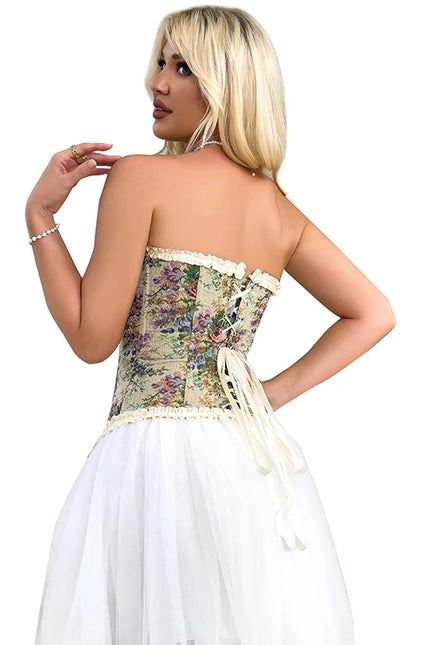 Women's Floral Embroidered Ruffled Lace Up Corsage Corselet Slimming Bustier Body Shapewear Corset