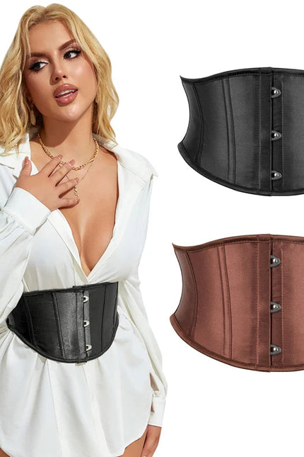 3 Busks Short Style Underbust Corset Satin Brown Wide Straps Waistband Waist Trainer