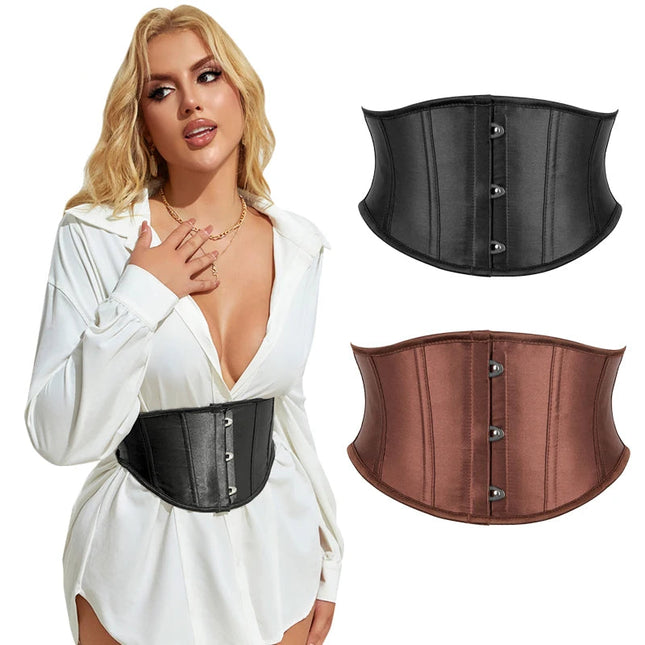 3 Busks Short Style Underbust Corset Satin Brown Wide Straps Waistband Waist Trainer