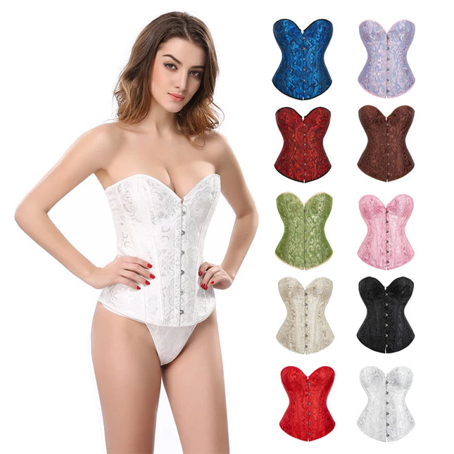 Women Sexy Floral Corset Top Overbust Exotic Vintage Jacquard Bustier Slim Body Shaper Lace Up Corselet Lingerie Plus Size