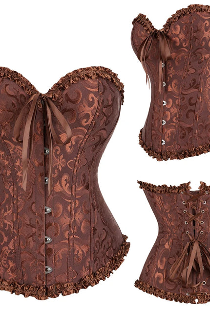 Jacquard Overbust Corset Floral Waist Bustier Top Basques Lace Up Corselet Body Shaper Corset
