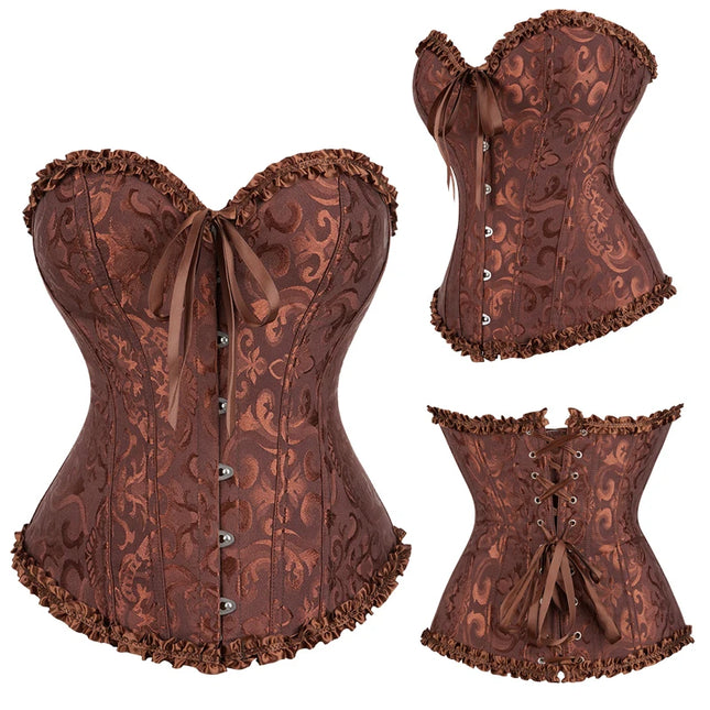 Jacquard Overbust Corset Floral Waist Bustier Top Basques Lace Up Corselet Body Shaper Corset