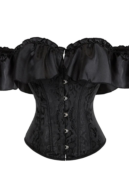 Women Overbust Corselet Going Out Wear Off Shoulder Black Victorian Corset Top With Lantern Sleeve