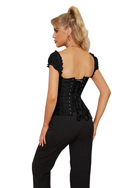 Black/White Ruffled Sleeves Body Shapewear Embroidered Floral Corset Bridal Bustier with G-String
