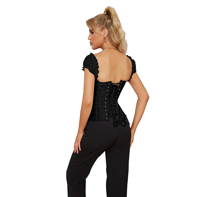 Black/White Ruffled Sleeves Body Shapewear Embroidered Floral Corset Bridal Bustier with G-String