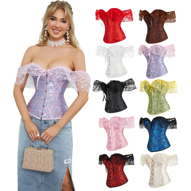 Sexy Off-Shoulder Transparent Lace Sleeves Corset Overbust Fashion Floral Top Vintage Embroidery Lace Up Bustier Lingerie Corselet