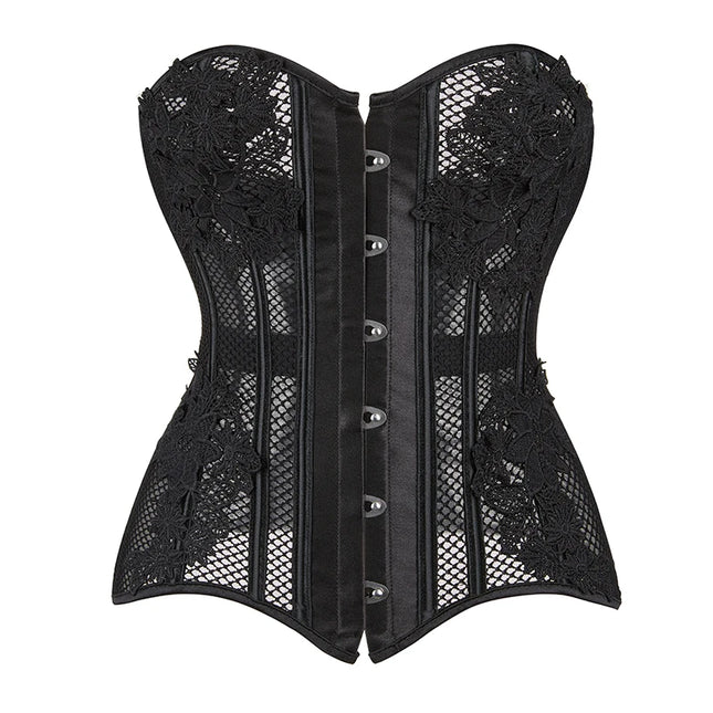 Women Hollow Out Mesh Overbust Corset Waist Training Floral Basques Bustier Top Shaper