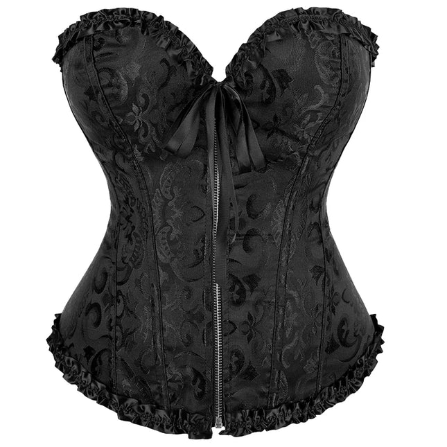 Overbust Corset Zipper Waist Bustier Top Black White Brown Pink Beige Red Blue Elegant Basques Corset