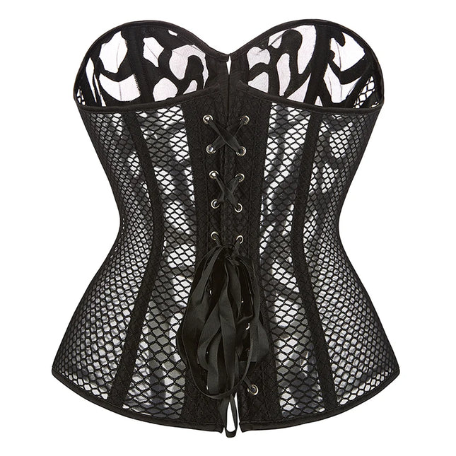 Women Steampunk Corset Hollow Out Mesh Waist Bustier Top Black White Gothic Corselet Basques