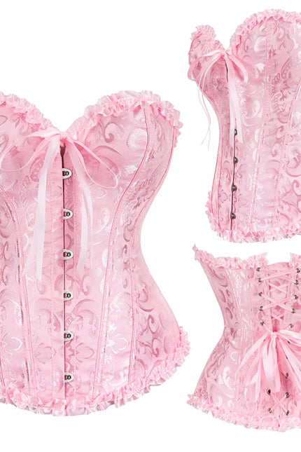 Jacquard Overbust Corset Floral Waist Bustier Top Basques Lace Up Corselet Body Shaper Corset