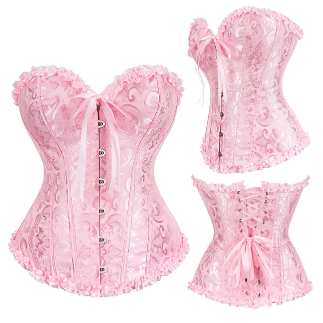 Jacquard Overbust Corset Floral Waist Bustier Top Basques Lace Up Corselet Body Shaper Corset