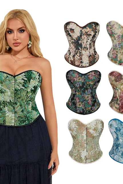Front 5-busk closure denim jeans fabric strapless renaissance corset women plain lace-up corset top green