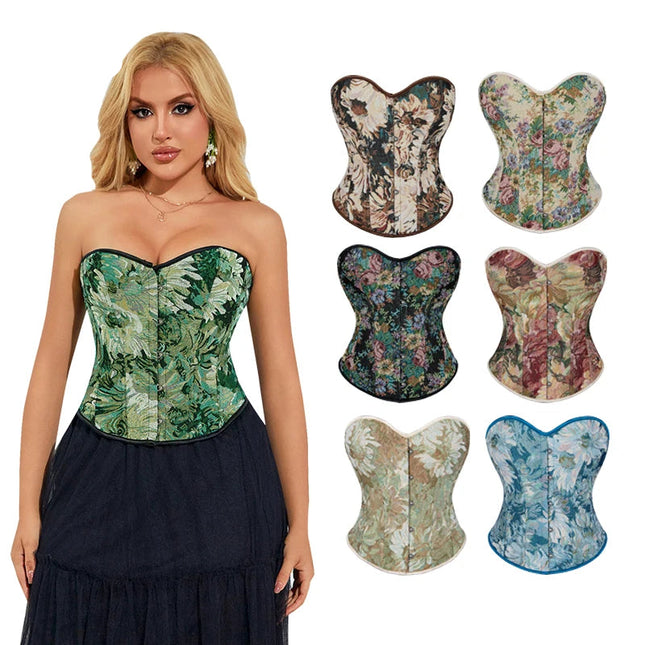 Front 5-busk closure denim jeans fabric strapless renaissance corset women plain lace-up corset top green