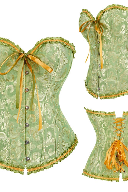 Jacquard Overbust Corset Floral Waist Bustier Top Basques Lace Up Corselet Body Shaper Corset