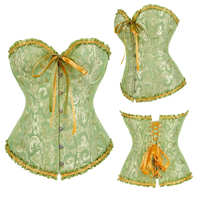 Jacquard Overbust Corset Floral Waist Bustier Top Basques Lace Up Corselet Body Shaper Corset