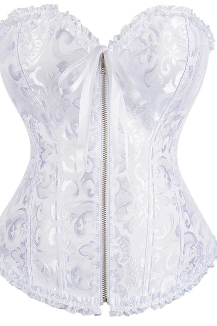 Overbust Corset Zipper Waist Bustier Top Black White Brown Pink Beige Red Blue Elegant Basques Corset