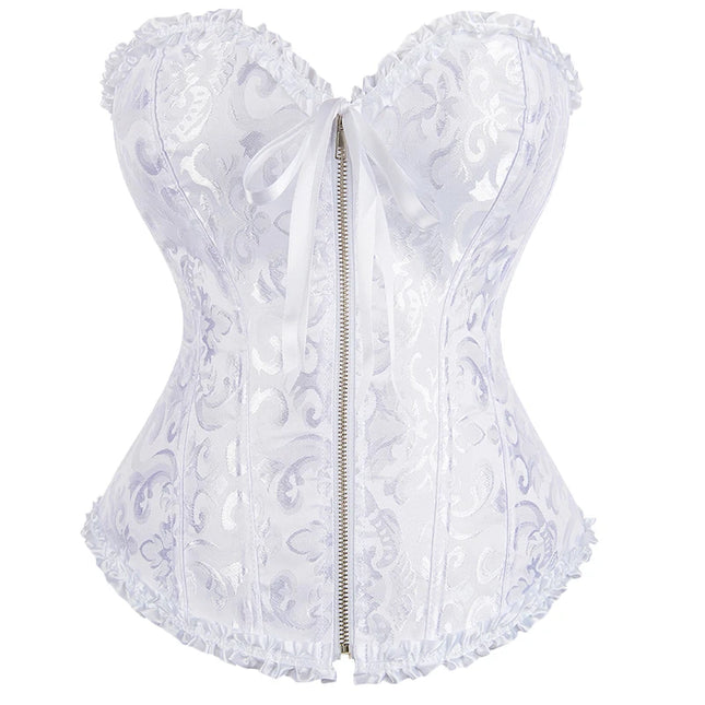 Overbust Corset Zipper Waist Bustier Top Black White Brown Pink Beige Red Blue Elegant Basques Corset
