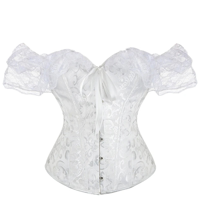 Womens Bustier Corset Lace Up short sleeve sheer corset blouse costume crop top lingerie waist cincher