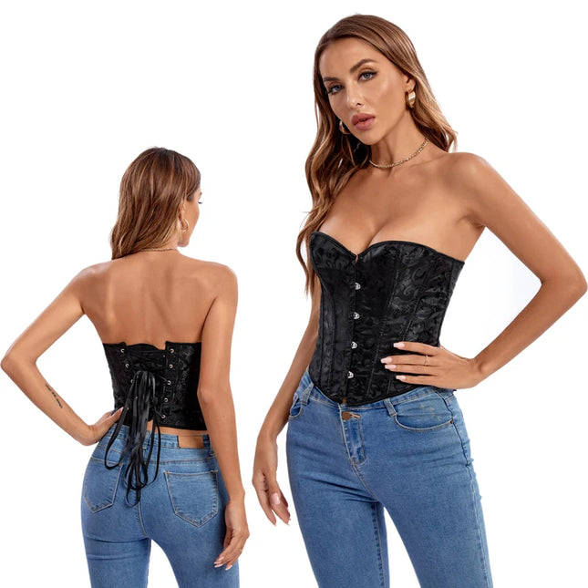 4 Busk Short Torso Overbust Corset Women Floral Jacquard Waist Bustier Crop Top Plus Size
