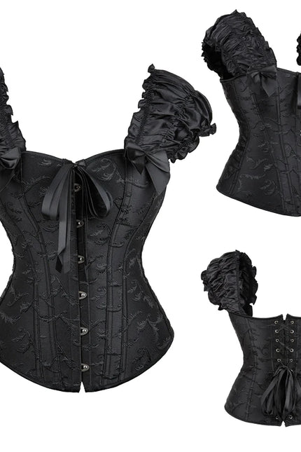 Black/White Ruffled Sleeves Body Shapewear Embroidered Floral Corset Bridal Bustier with G-String