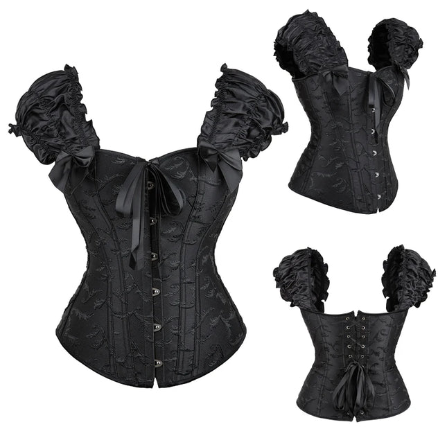 Black/White Ruffled Sleeves Body Shapewear Embroidered Floral Corset Bridal Bustier with G-String