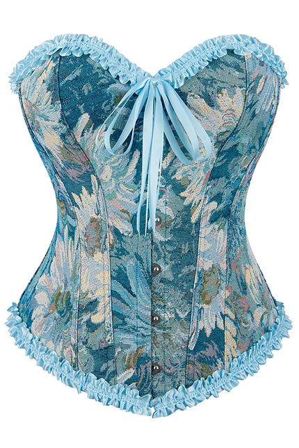 Ladies floral print lingerie bustier 6-brooch closure blue lace trimmer corset top with boning