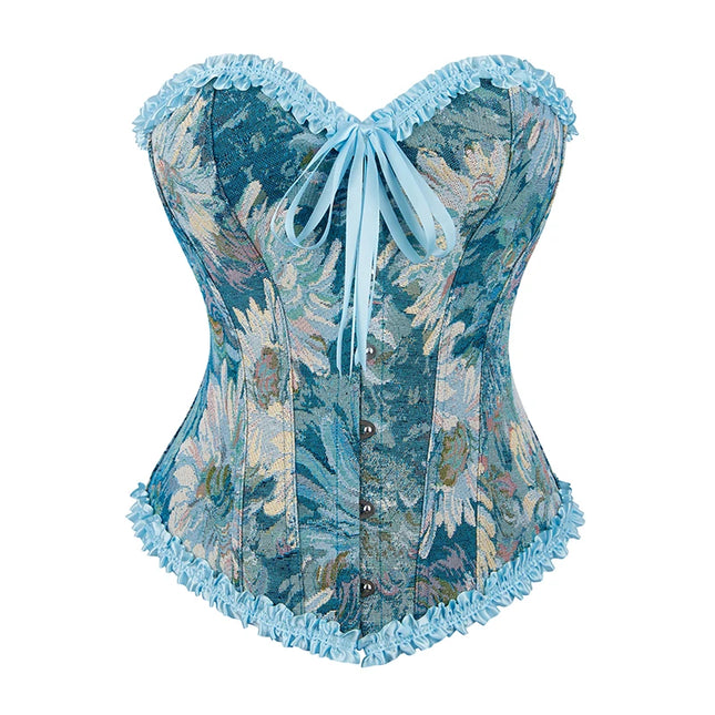 Ladies floral print lingerie bustier 6-brooch closure blue lace trimmer corset top with boning