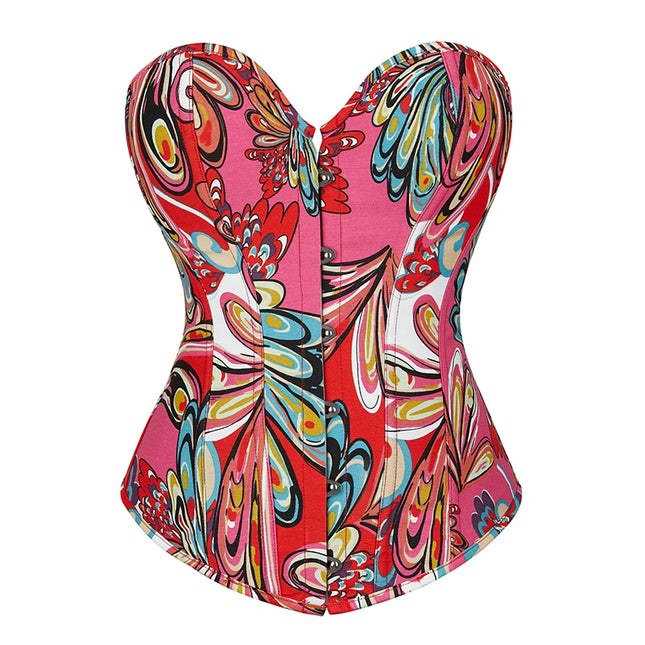 12-fish boned ladies gothic corset sexy lingerie colorful print corset top with laces