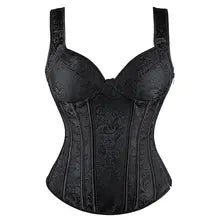 Women's Corset With Straps Black Brown Overbust Corset Floral Jacquard Corset Zipper Gothic Steampunk Bustier Top