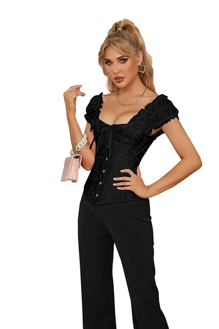 Puff Sleeves Brocade Overbust Corset Off Shoulder Lace-Up Waist Bustier Top Corset