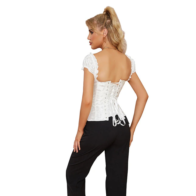 Black/White Ruffled Sleeves Body Shapewear Embroidered Floral Corset Bridal Bustier with G-String