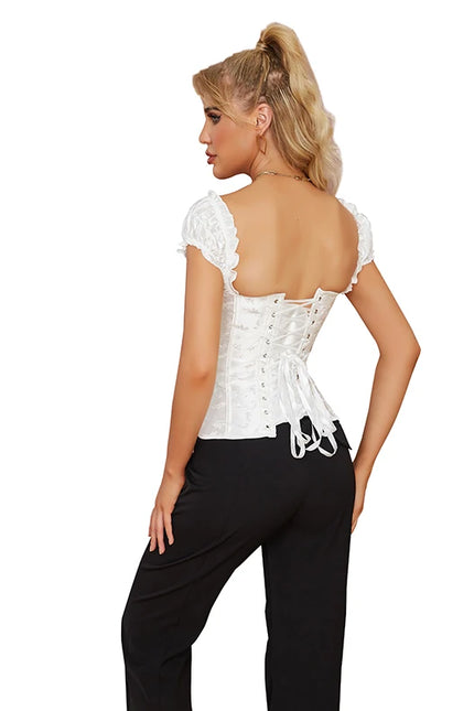 Puff Sleeves Brocade Overbust Corset Off Shoulder Lace-Up Waist Bustier Top Corset