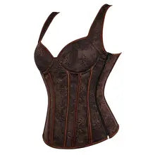 Women's Corset With Straps Black Brown Overbust Corset Floral Jacquard Corset Zipper Gothic Steampunk Bustier Top