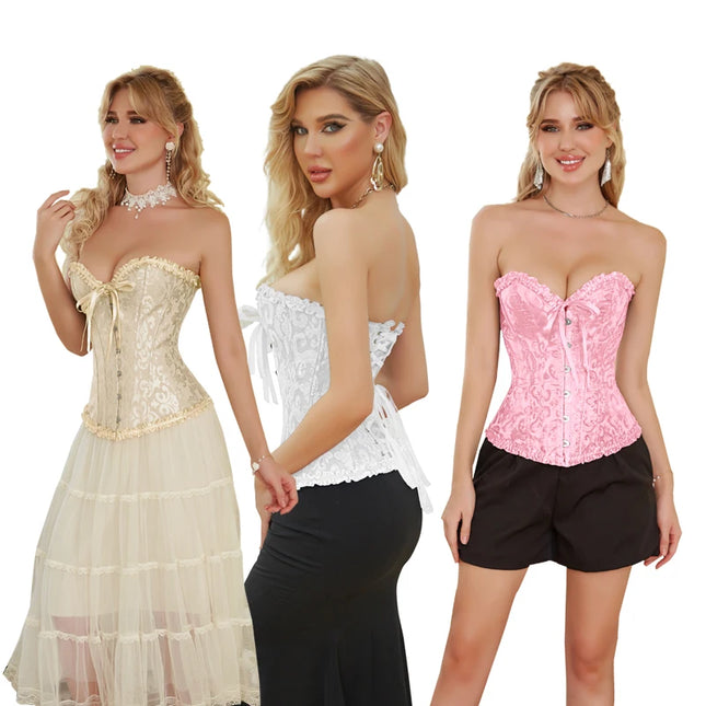 Vintage brocade lace red black white corset top with busk and adjustable ribbon sexy corset for women