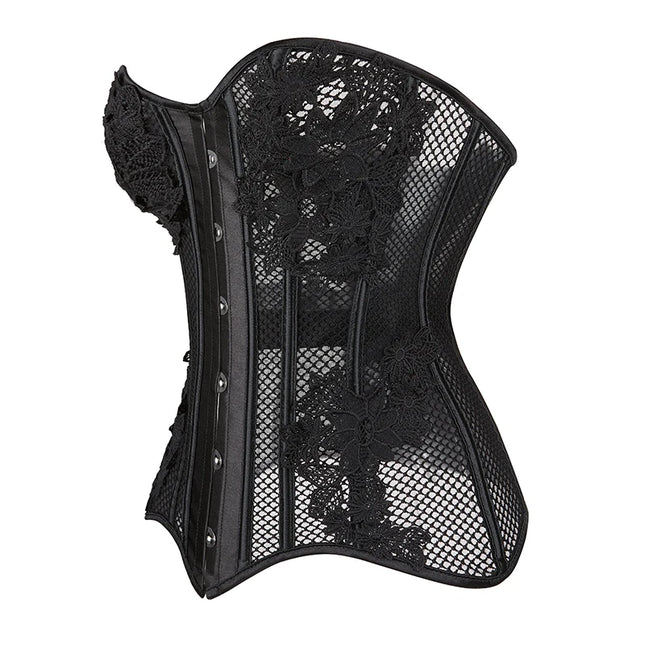 Women Hollow Out Mesh Overbust Corset Waist Training Floral Basques Bustier Top Shaper