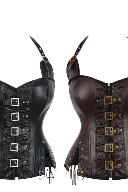 Black Brown Slimming Body Shapewear Women Punk Rock Faux Leather Halter Corset Bustier Basques