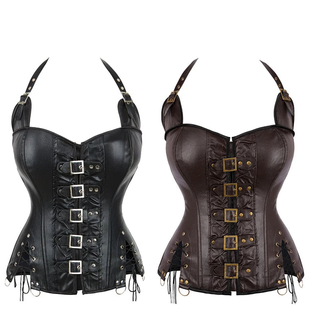 Black Brown Slimming Body Shapewear Women Punk Rock Faux Leather Halter Corset Bustier Basques