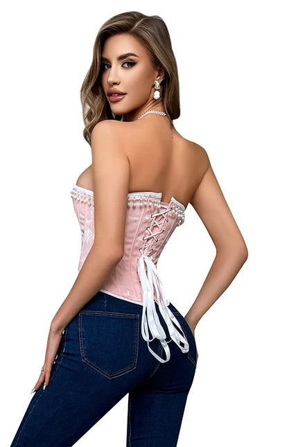 High Quality Firm Tummy Control Buckle Waist Training Corset Plus Size S-XXXL Pearl Corsets Women Pink Tops