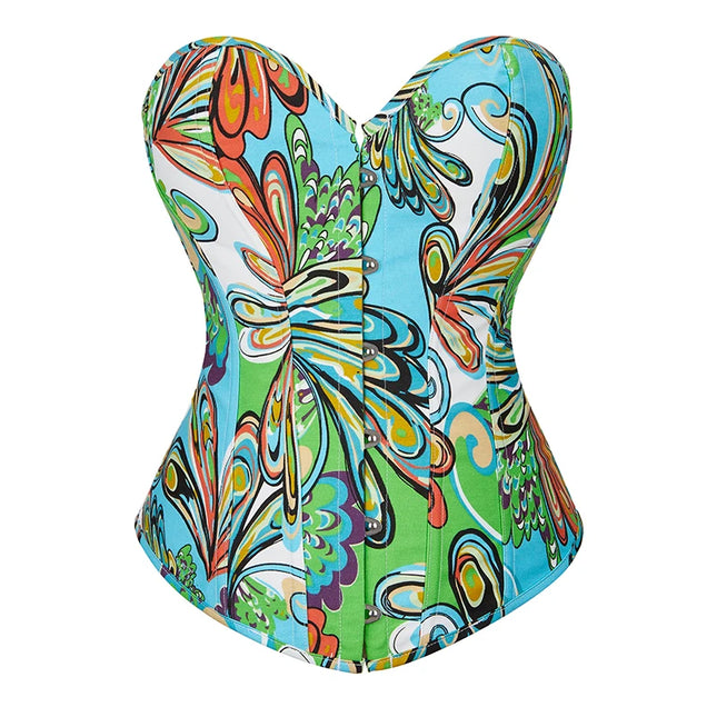 12-fish boned ladies gothic corset sexy lingerie colorful print corset top with laces