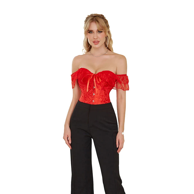 Sexy Off-Shoulder Transparent Lace Sleeves Corset Overbust Fashion Floral Top Vintage Embroidery Lace Up Bustier Lingerie Corselet