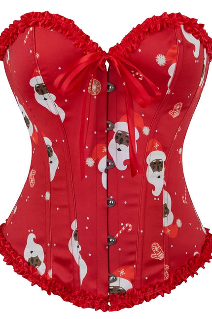 Ladies Satin Christmas Santa Claus Bells Print Dancewear Corset Top