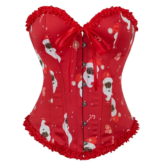 Ladies Satin Christmas Santa Claus Bells Print Dancewear Corset Top