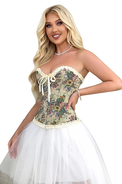 Women's Floral Embroidered Ruffled Lace Up Corsage Corselet Slimming Bustier Body Shapewear Corset